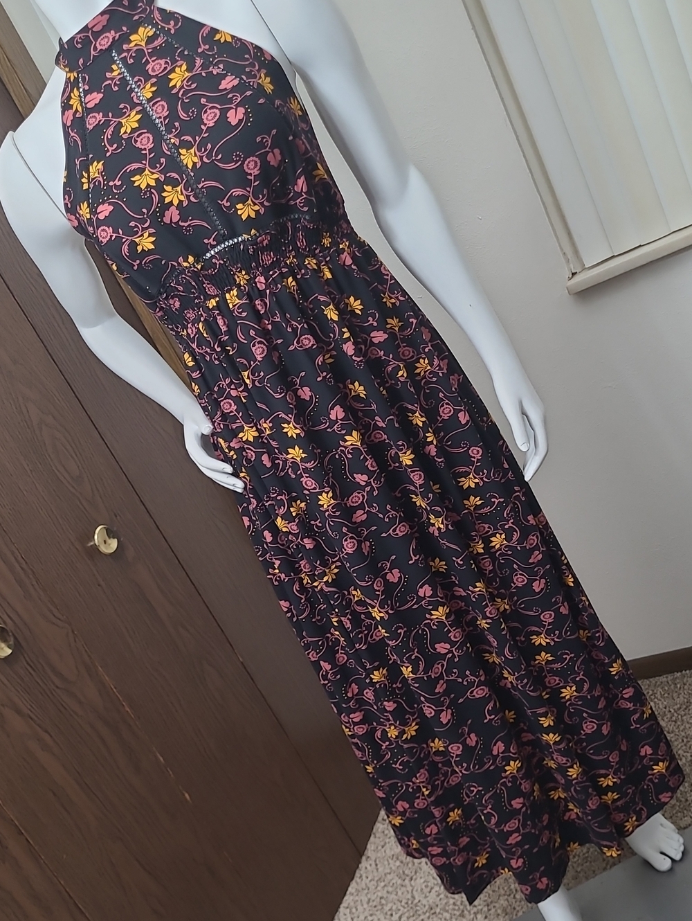 Poof! Halter Maxi Dress in Black with Pink & Yellow Floral Print